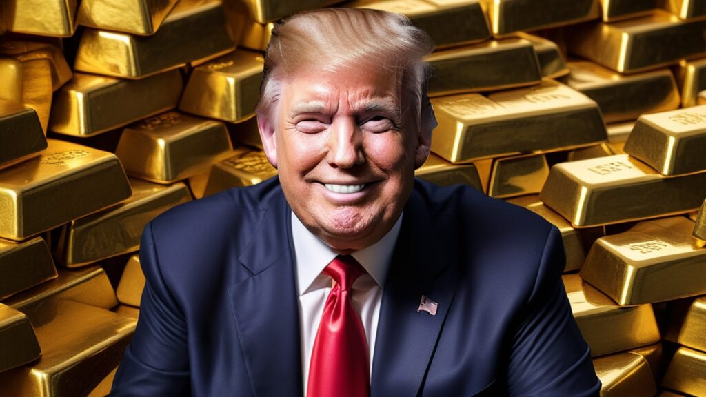 Дональд Трамп на фоне золотых слитков