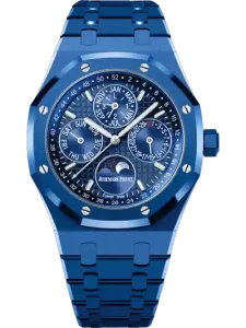 Blue Audemars Piguet luxury wristwatch with multiple subdials, moon phase display, and calendar indicators on a blue metal bracelet