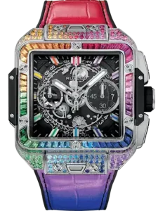 Luxurious square-faced wristwatch with a rainbow gemstone bezel and purple strap, featuring a skeleton dial that reveals gears