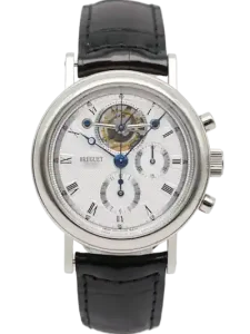 Breguet wristwatch with open-heart dial, Roman numerals, blue hands, and a black leather strap.