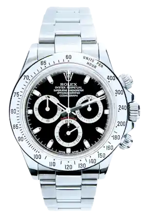 Rolex Cosmograph Daytona stainless steel watch with black dial and three subdials, tachymeter bezel by the bracelet crown area.