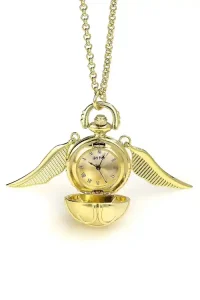 Gold pocket watch pendant with wings on each side, hanging from a gold chain.