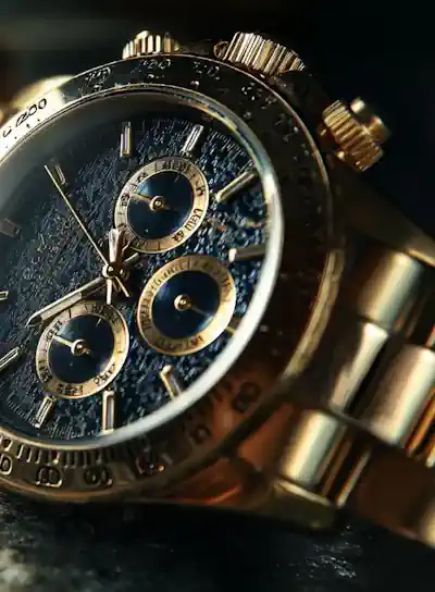 Close-up of a gold-toned chronograph wristwatch with a textured blue dial and three subdials, on a metallic bracelet.