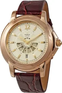 Rose-gold wristwatch with a cream dial, gold markers, and a brown leather strap.